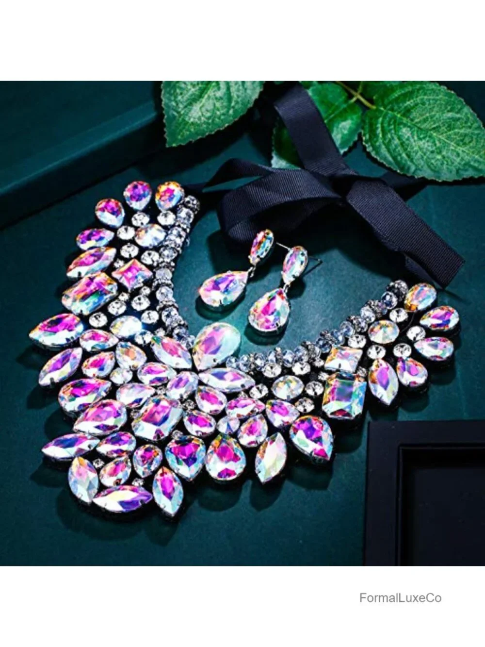 Rhinestone Crystal Statement Necklace Earrings Set Jewelry for Women